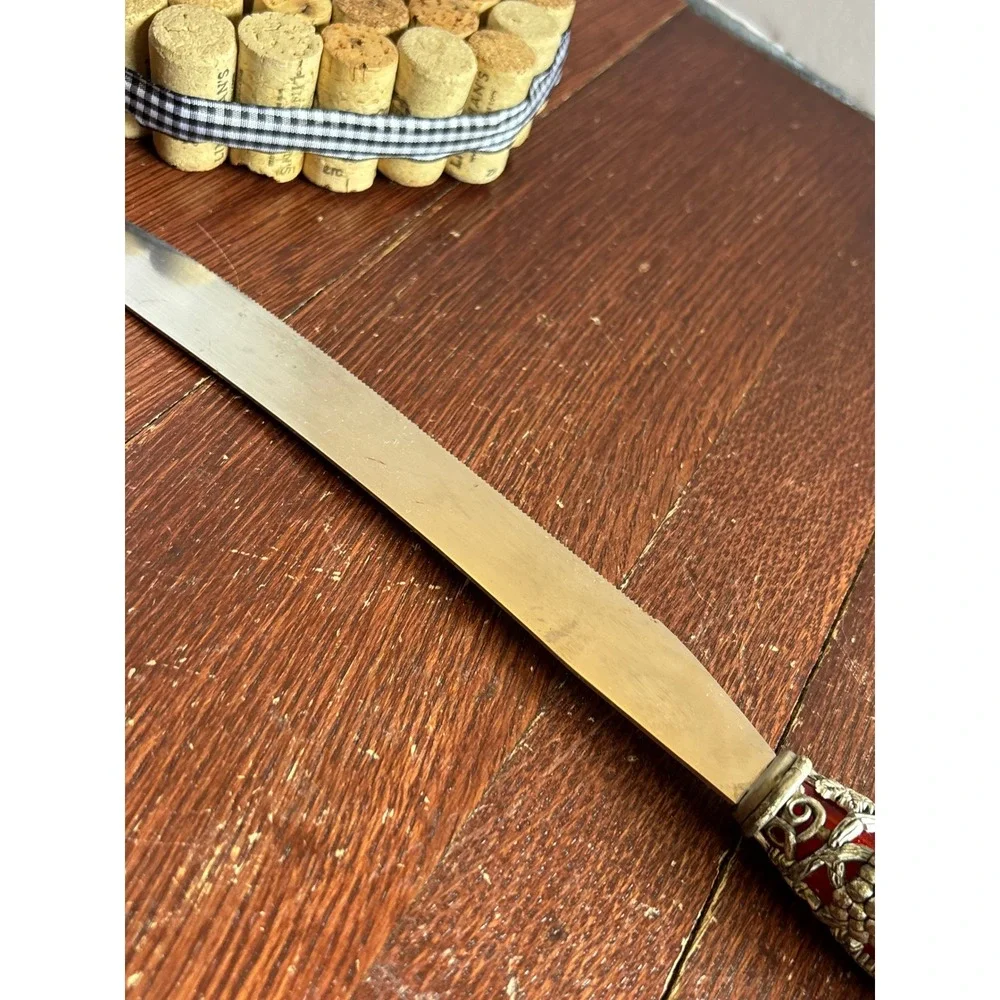 Godinger Silver Art Grape Vine Red Handle Gold Tone Serrated Bread Cheese Knife
